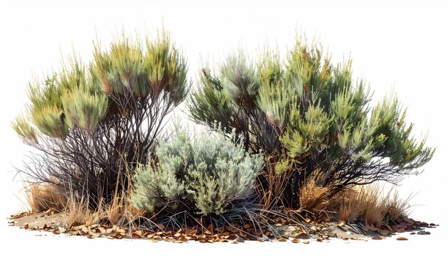 Dry arid landscape shrubbery with wispy grasses and fallen leaves