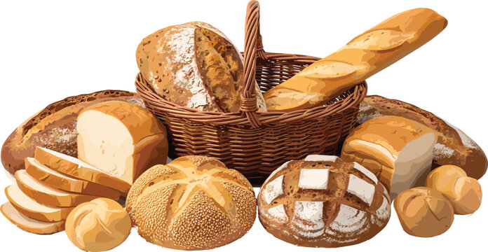 Assorted artisan breads in wicker basket vector illustration with baguette rolls and sliced loaves for bakery packaging design