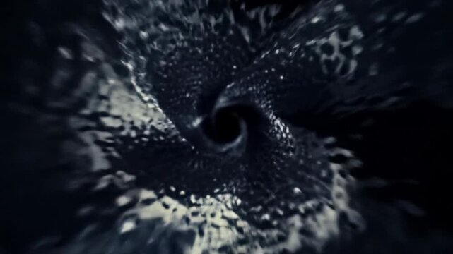 High-resolution cgi of a dynamic, dark, hyper-reflective metallic liquid vortex with intricate ripples, precise light reflections, and fluid motion, smooth orbiting video against a stark void,