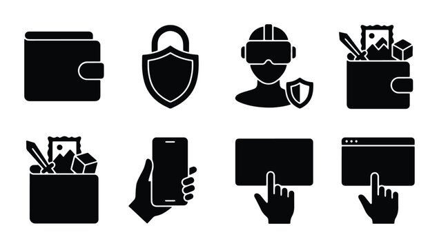 Digital Security and Finance Icons: Wallet, VR, Mobile, Lock, Web Browser, Digital Assets, Vector Set