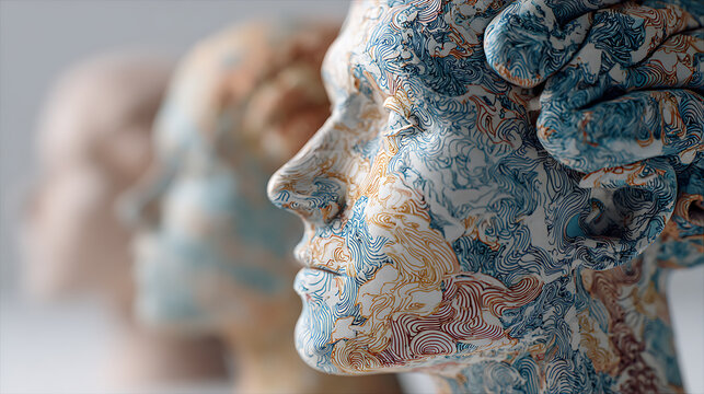 Abstract human faces covered with flowing contour patterns, symbolizing identity, emotions, psychology, creativity, mental complexity and artistic self-expression