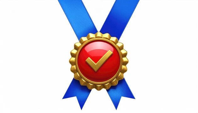 A golden medal with a red center and checkmark, suspended by blue ribbons
