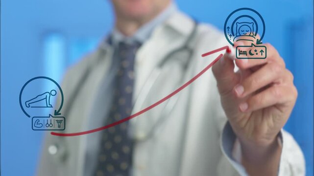 Medical professional linking exercise and better sleep on a transparent screen, using icons and charts to show how fitness, routine and lifestyle improve sleep quality and well being