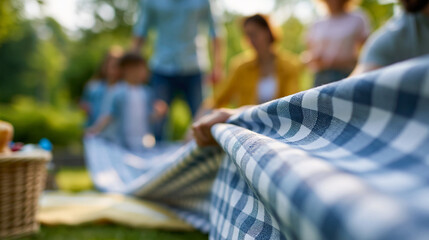 Obraz premium Family spreading a picnic blanket together in a park, outdoor leisure preparation concept, family weekend activity, green park setting, faceless, faces not clearly visible,