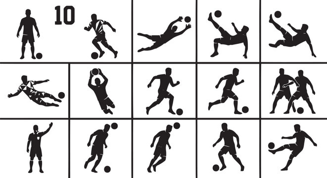 Collection of diverse soccer player silhouettes demonstrating various athletic movements and game actions in a clean flat vector illustration style