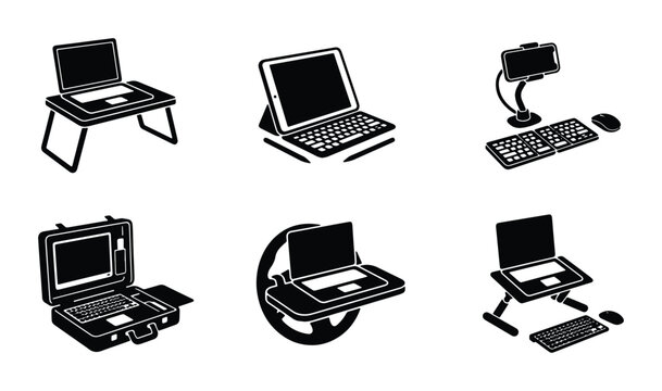 Laptop Stands and Accessories Collection, Ergonomic Computer Workstation Setup Icons, Portable Desk Solutions