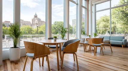 Fototapeta premium Scenic Office Overlooking Park with Modern Furniture