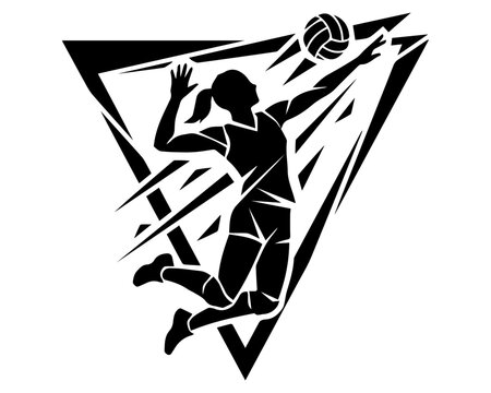 Silhouette of a female volleyball player spiking the ball during a match with volleyball, competition