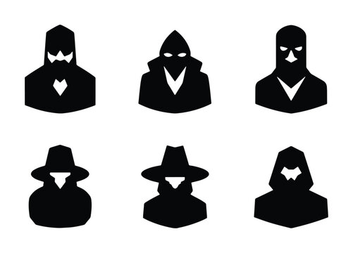Mystery Icons Set: Silhouette Figures, Secret Agents, Detectives, Criminals, Enigmatic Characters, Black Vector Graphics