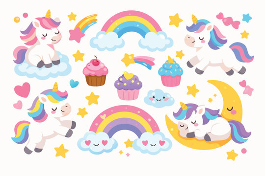 Adorable Collection of Cute Cartoon Unicorns, Rainbows, Cupcakes, and Celestial Elements Like the Moon and Stars. Kawaii Pastel Vector Illustration Set for Kids, Nursery, and Party Decorations.