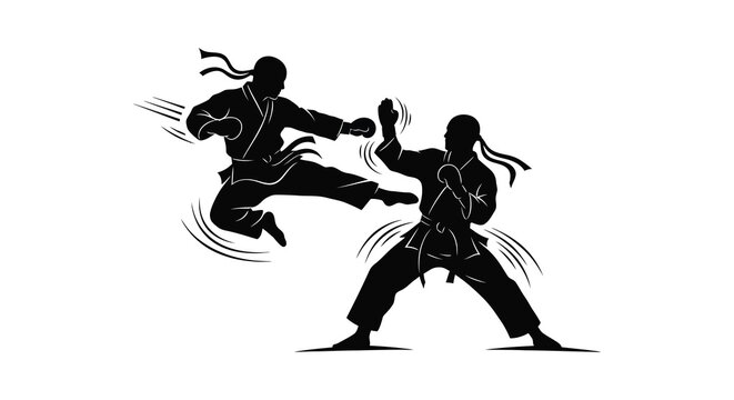 Karate fighters in dynamic action pose black silhouette on white background silhouette