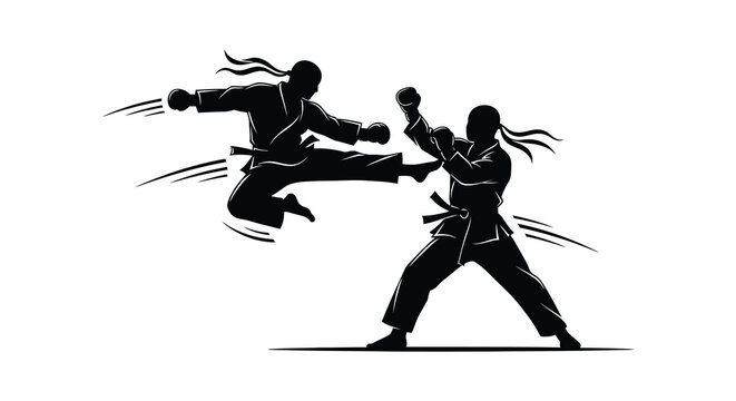 Two martial artists in dynamic fighting pose black silhouette