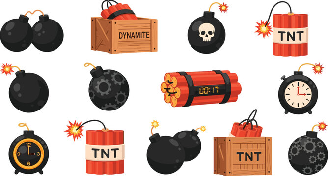Cartoon bombs dynamite and TNT explosives vector collection with fuses timers and crates for action game design