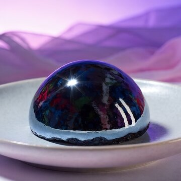 Blueberry half-sphere with mirror glaze on a plate, creative presentation with soft colors