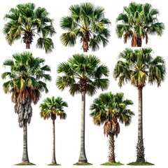 Fototapeta premium A diverse collection of nine palm trees on a white background