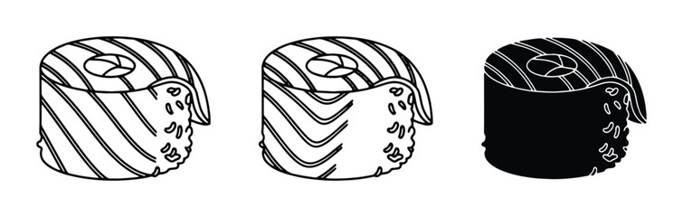 Sushi Rolls Vector Icons, Japanese Food Illustrations, Maki and Nigiri Set, Black and White Food Art © Mostofa