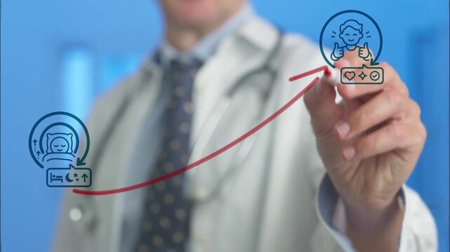 Healthcare professional drawing an arrow linking a sleep cycle icon to a happy patient icon, illustrating the direct positive impact of good rest on overall health and satisfaction