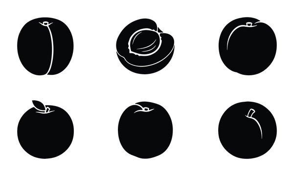Plum Fruit Icons, Fresh Organic Produce Vector Graphics, Simple Black and White Food Illustrations