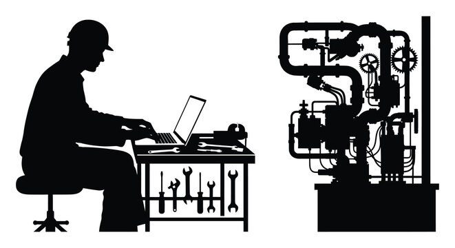 engineer working on laptop with industrial machinery in black silhouette