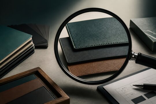 Magnifying glass over desk with notebooks sample materials and office tools for concept research and design analysis