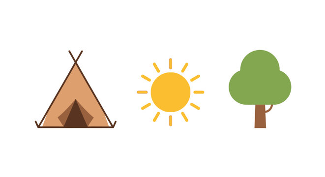 Flat minimalist icons of camping tent sun and green tree
