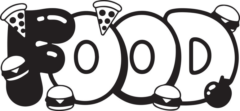 Black and white illustration of bood with pizza and fast food elements on white background