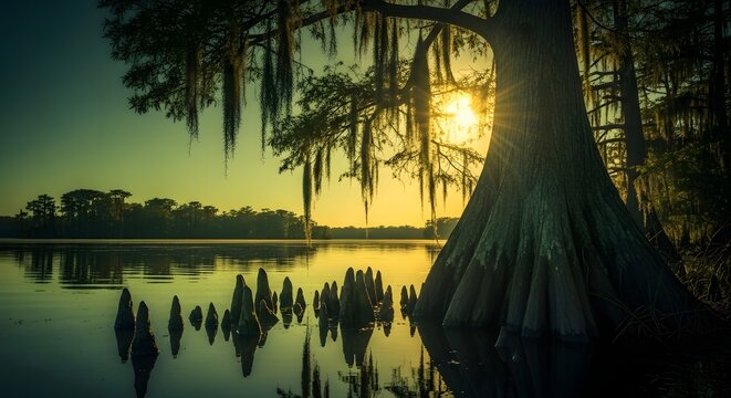 Louisiana swamp landscape with cypress trees and golden sunset reflection