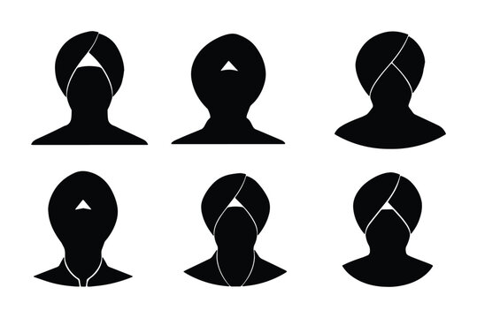 Sikh Turban Styles Collection, Diverse Headwear Silhouettes, Cultural Head Covering Icons, Traditional Indian Clothing Vector Set