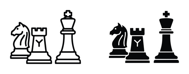 Chess Pieces Icons: King, Knight, Rook. Vector Set for Strategy, Board Games, and Intellectual Challenges. © Arifur
