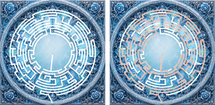 Hard circular ice maze puzzle with frosted blue roses and orange solution path on winter background
