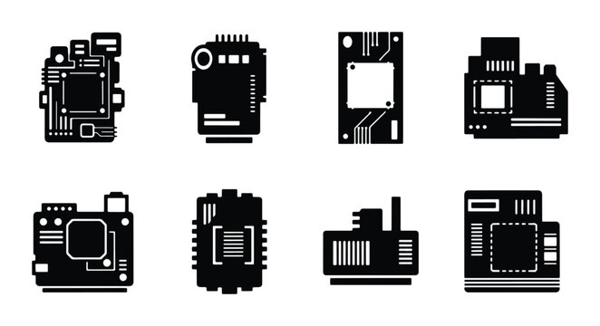 Set of 8 Black Electronic Circuit Board Icons, Computer Hardware Components, Technology Digital Graphics