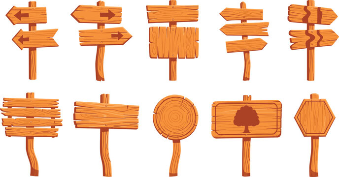Cartoon wooden signpost vector illustration set with rustic arrows, planks, boards, and direction signs isolated