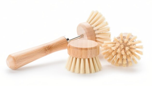 Bamboo dish brush set isolated on white