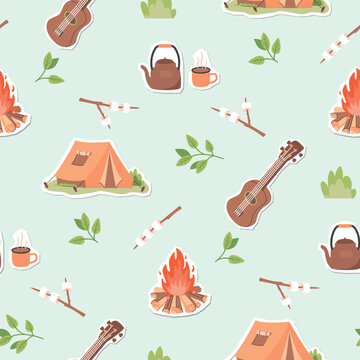 Camping seamless pattern with guitar, campfire, marshmallows on sticks, tent, kettle, mug of hot drink, branches of leaves. Cartoon objects on blue background. Vector illustration in flat colors.