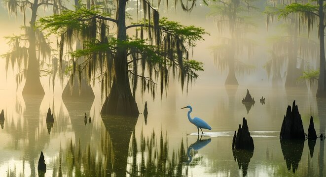 Great blue heron in louisiana swamp at sunrise with spanish moss