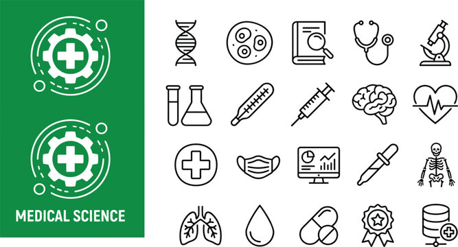 Medical science icons set, line art, illustration, nobody
