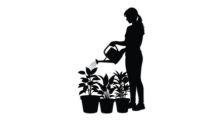 Woman watering potted plants with a watering can black silhouette © Creativekhairul02