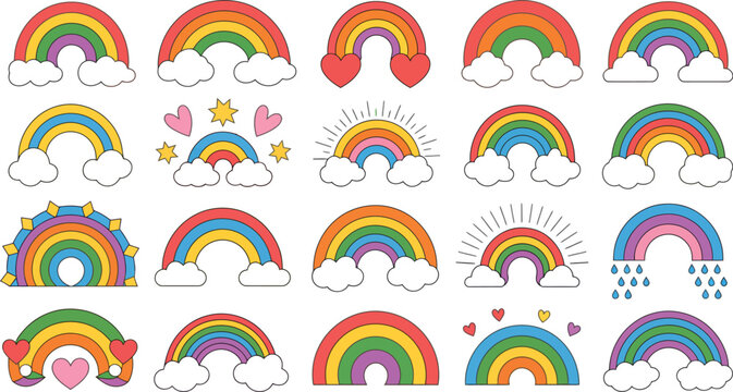 Seamless rainbow pattern with colorful circles, sky clouds sun and rain elements, summer weather vector illustration design wallpaper decoration pattern with bright nature colors