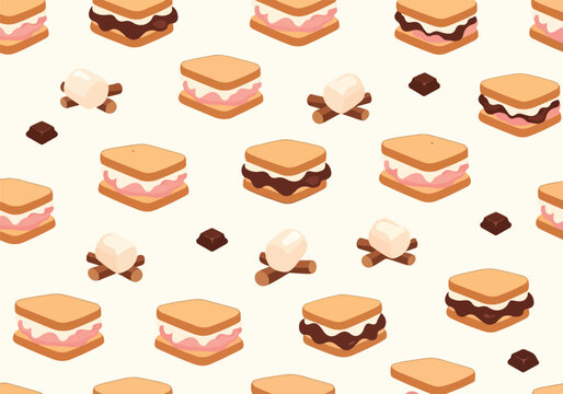 Colorful seamless pattern of s'mores and marshmallows on cream background
