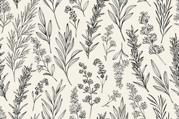 floral seamless pattern with hand drawn herbs and leaves © Liton