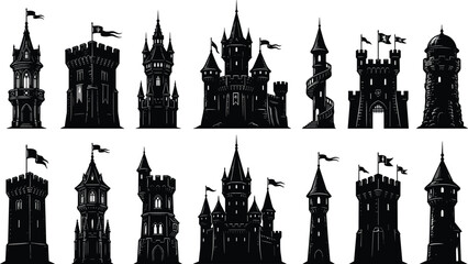 Gothic castle silhouette vector illustration with medieval towers and turrets in black and white style © jannat Stock