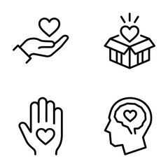Obraz premium Charity and mental health line icons set featuring heart symbols with hands brain and gift box donation kindness