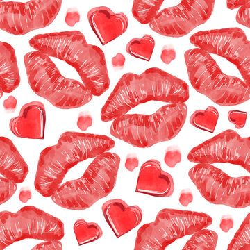 Red lips, hearts seamless pattern, romantic Valentine fashion repeat illustration
