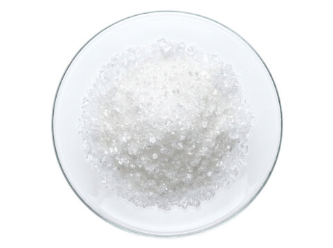 White Crystalline Substance in a Circular Glass Dish Top View
