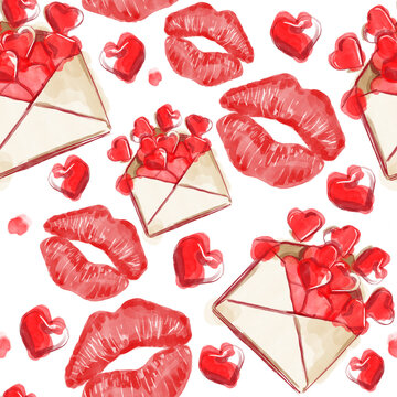 Valentine seamless pattern, red lips hearts and love letters on transparent background