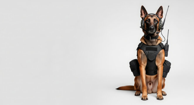 Working dog in tactical gear with headset and communication device ready for duty. This trained canine showcases agility and responsiveness essential for various tasks.
