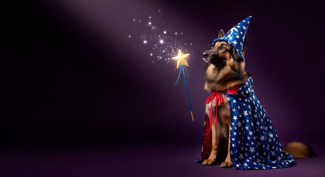 Magical dog wearing wizard costume with wand casting sparkles. Dog in blue cloak and hat showcasing unique attire and magical charm. Conceptual imagery for pet enthusiasts and fantasy lovers.