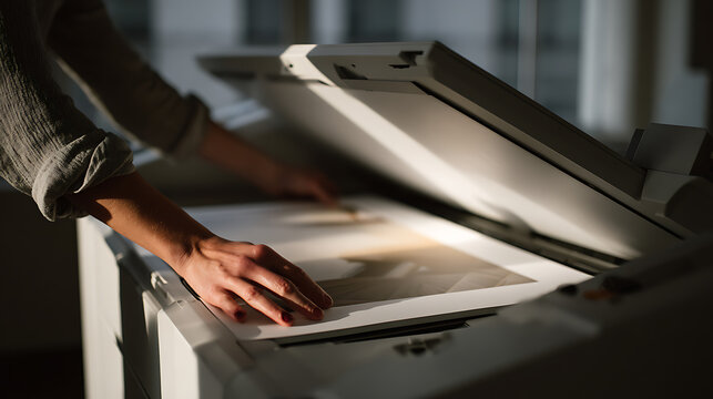 Close-up on woman's hands adjust document for scan or copy on office multifunction printer. Modern business equipment in action at evening setup