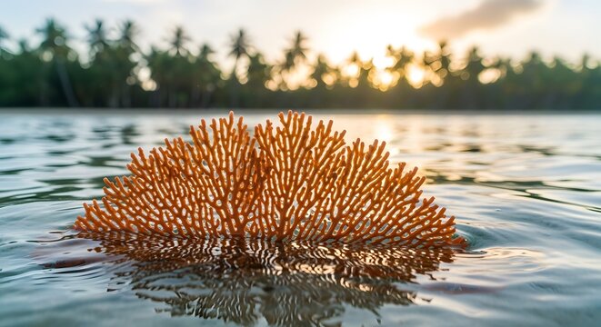Vibrant orange sponge in tropical ocean waters at sunset