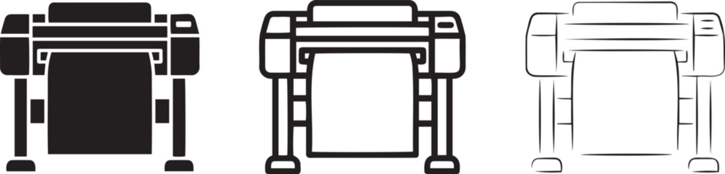 Professional large format plotter printer icons presented in three distinct styles including solid silhouette outline and thin line art variations